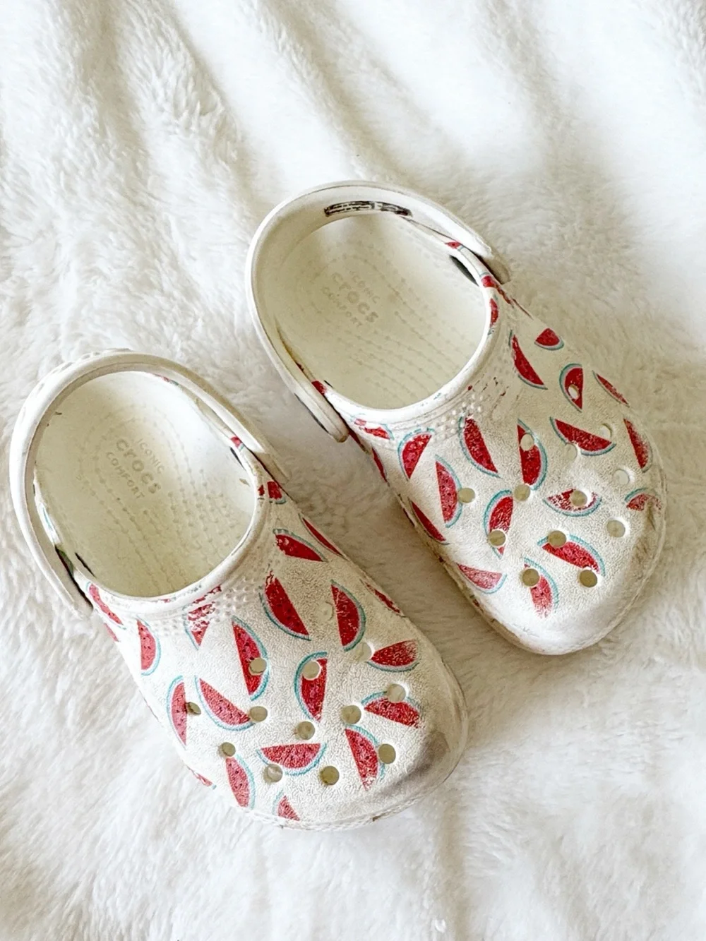 Crocs watermelon print white shoes clogs slip ons kids size 7